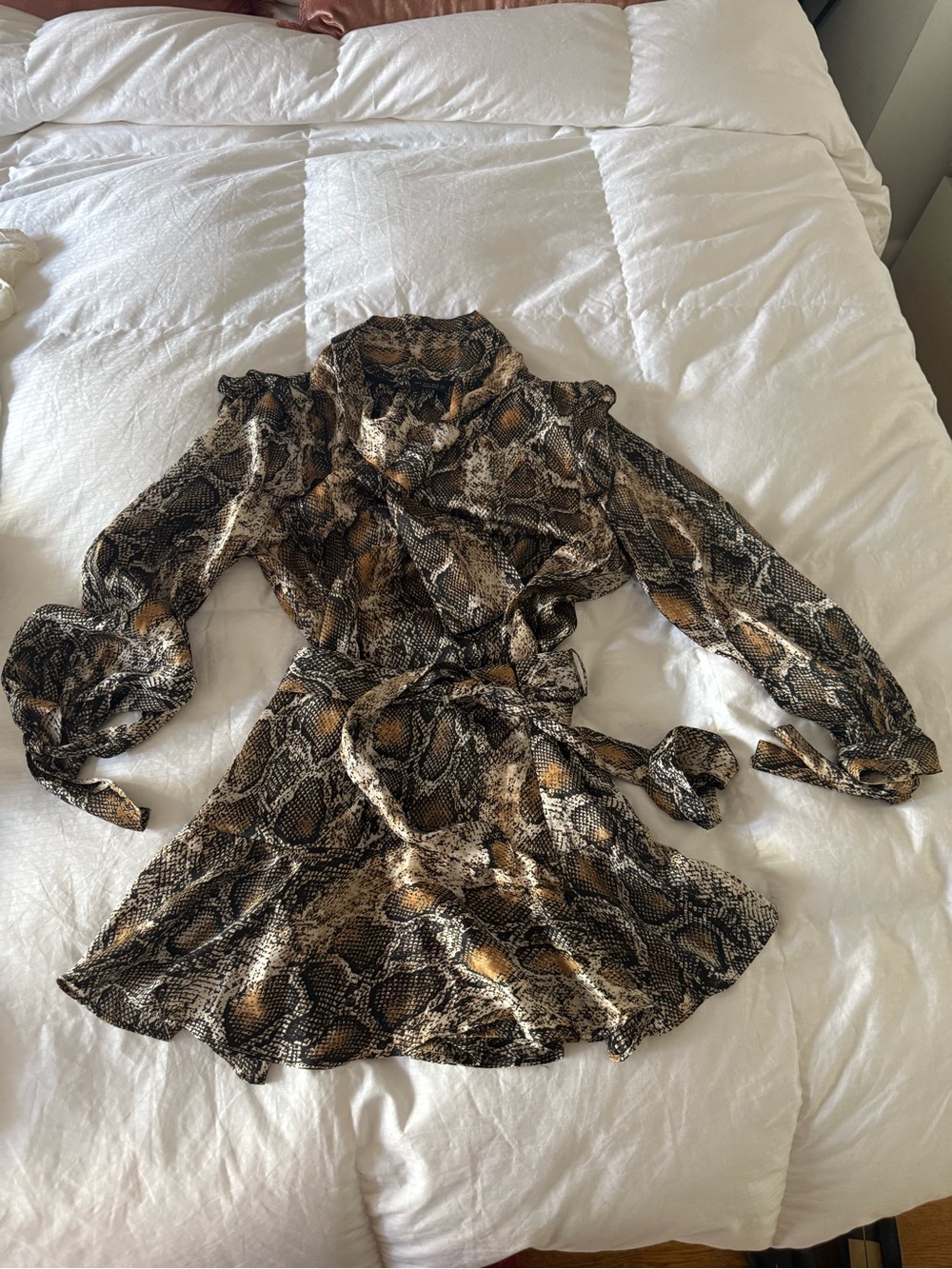 Zara Snakeskin  Print Tie-Waist Long Sleeve Blouse & Skirt Brown/Black Small